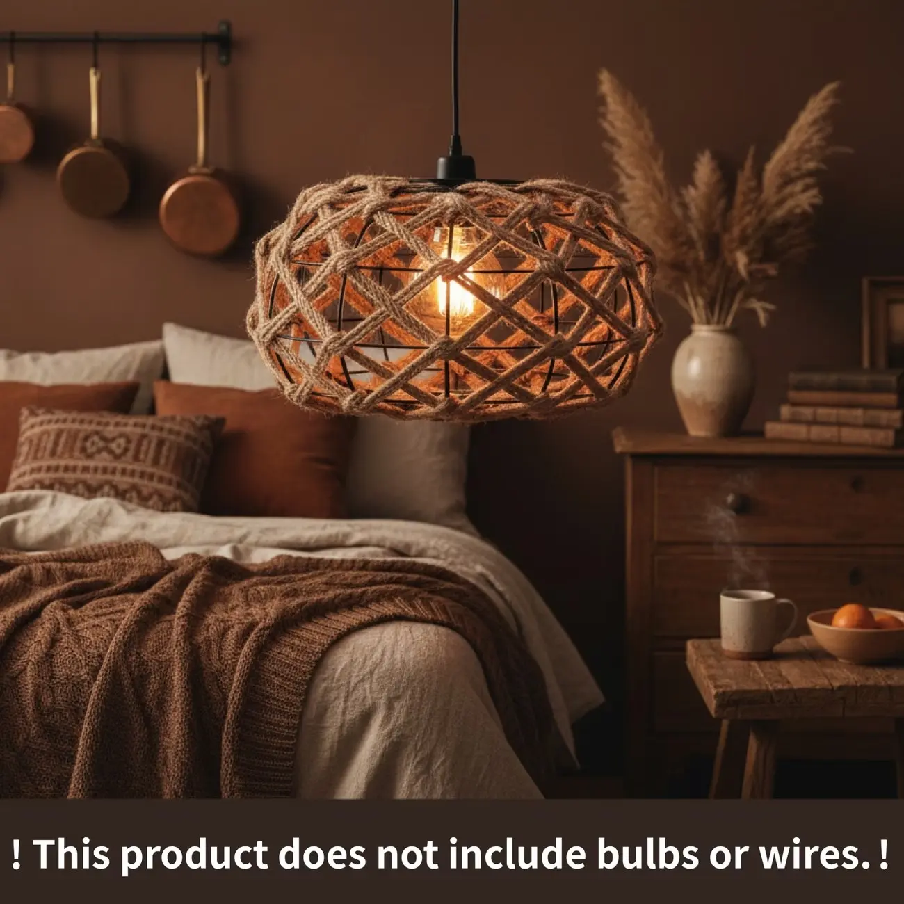 Natural Hemp Woven Lampshade, Durable Metal Frame, Decorative Bohemian Pendant Light Shade, Farmhouse Style Replacement, E26 E27 Base