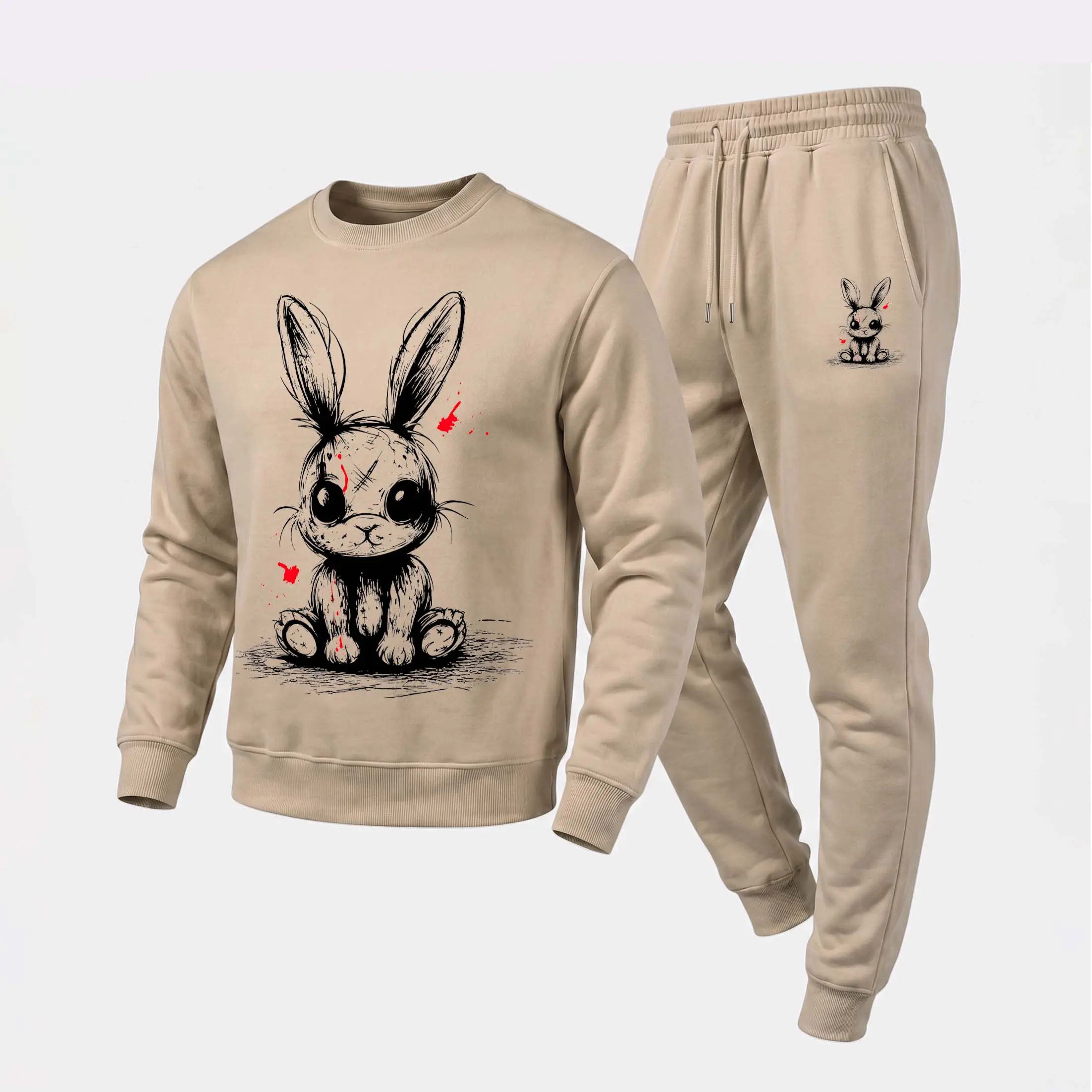 Men's Evil Horror Bunny Graphic Crewneck Sweatshirt and Jogger Pants Set, Casual Long Sleeve Pullover with Drawstring Sweatpants, Fall Winter Tracksuit for Daily Wear, Travel, Lounge, Workout and Indoor Outdoor Activities