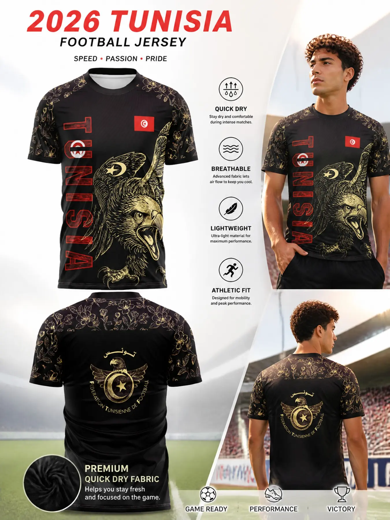 2026 Tunisia Golden Eagle Soccer Jersey, North African Floral Sleeve, Quick-Dry Lightweight Breathable Sport Short Sleeve Tee
