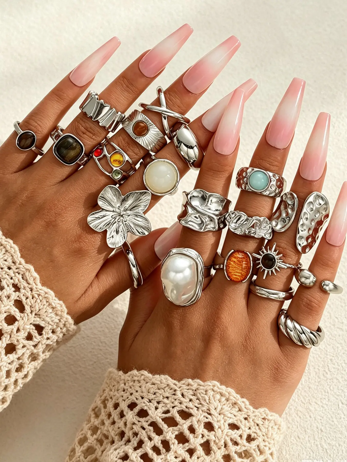 20 Pcs Ring Set, Imitation Pearl, Geometric Pattern, Elegant Wide Band, Stackable Rings for Women, Party, Date, Birthday Gift, Cocktail Rings, Chunky Band Rings