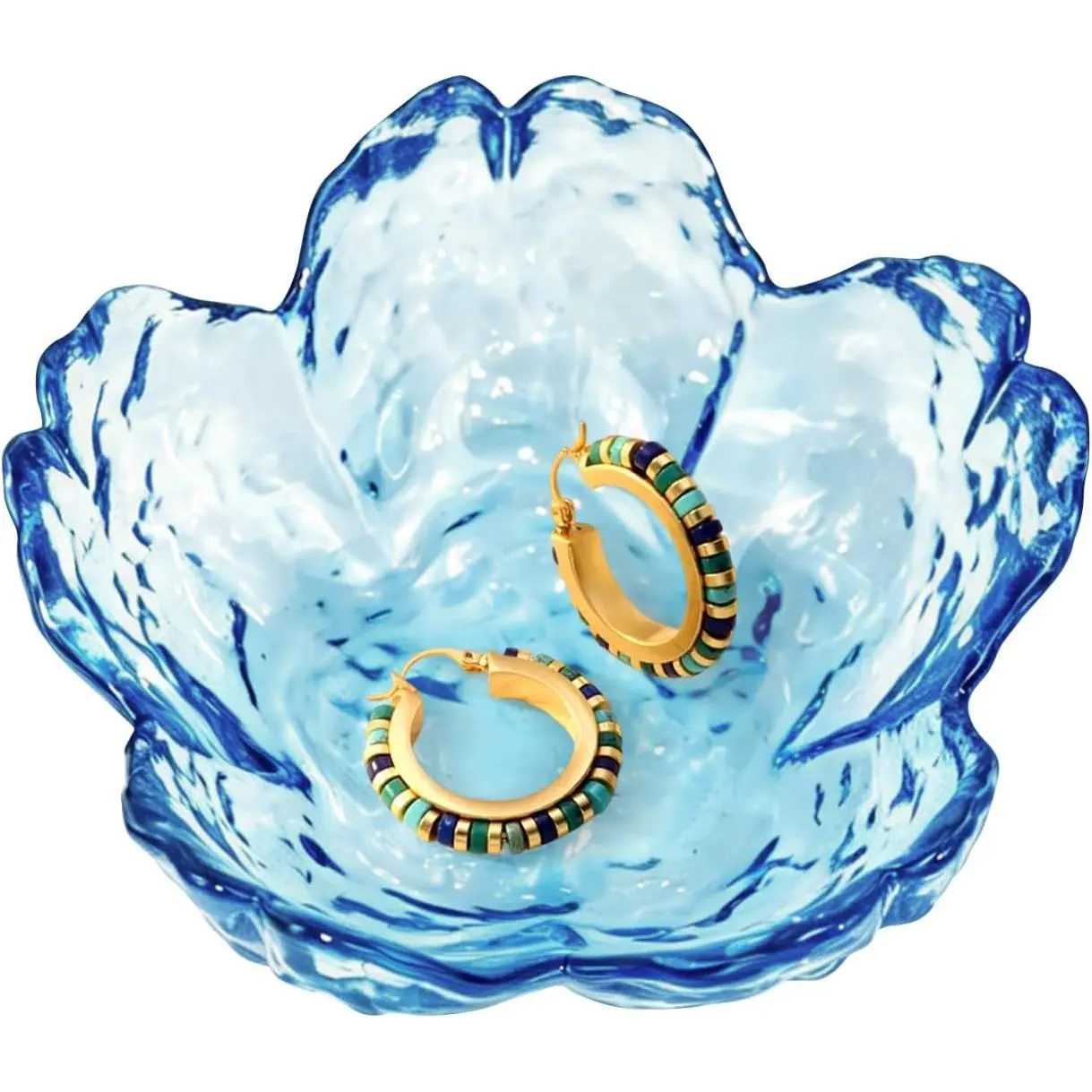 Glass Ring Holder Dish, Flower Jewelry Trinket Tray, Blue |   Decorative Ring Dish for Rings, Earrings, Necklaces and Keys, Cute Vanity Organizer for Bathroom, Dresser and Nightstand