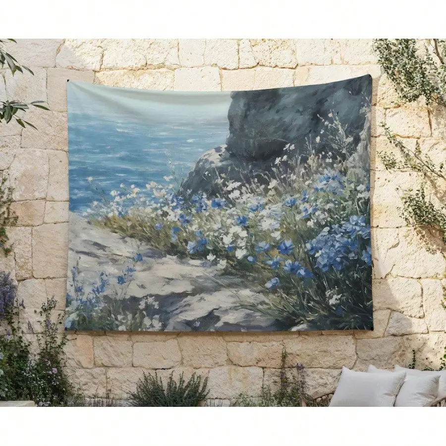 Vintage Coastal Theme Polyester Tapestry, Cliffside Wildflowers-Seascape Print Wall Hanging, Dover Cliffs Ocean View Art Decor for Bedroom, Summer Party Backdrop Home Ornament, Wildflowers Cliffs