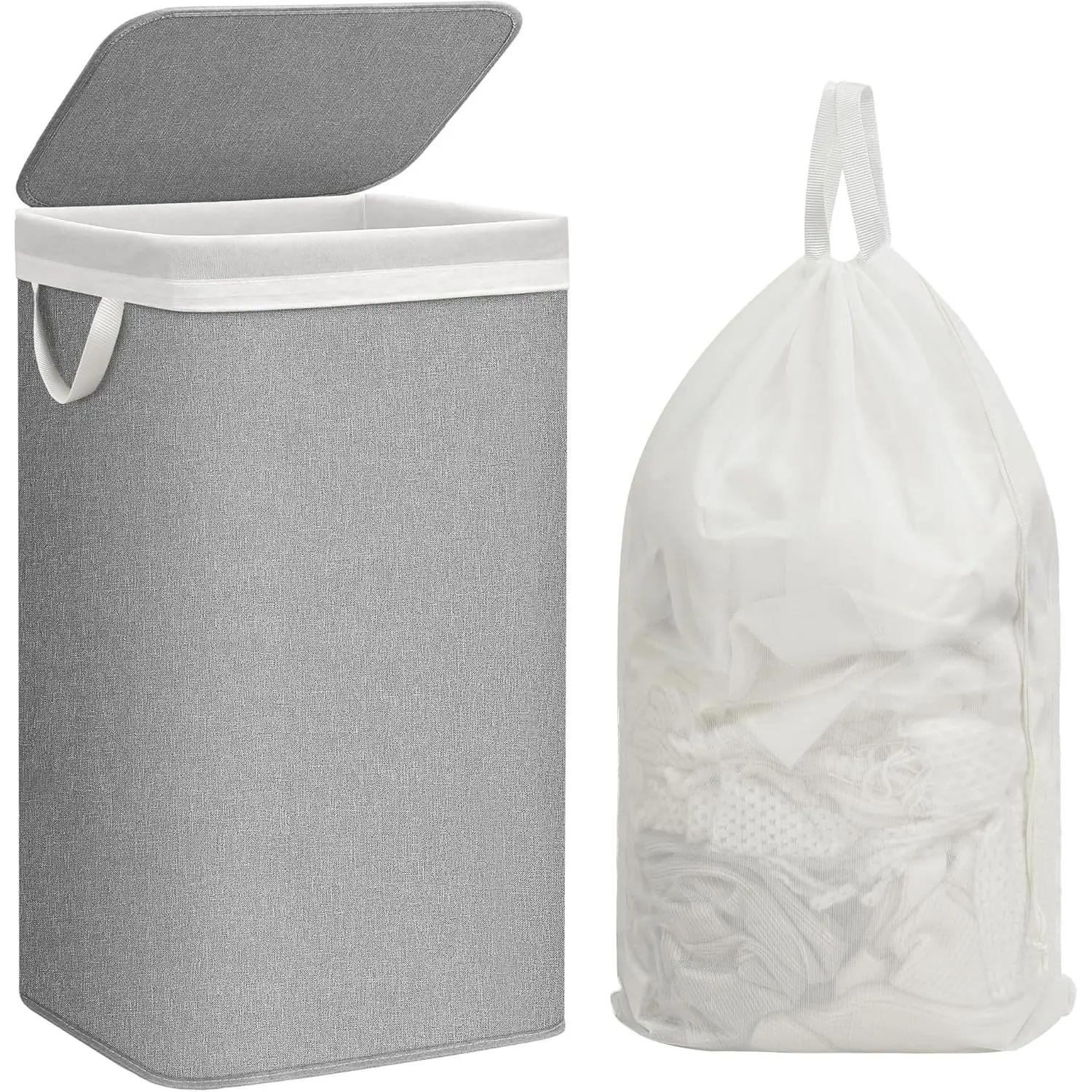 STORAGE MANIAC Metal Frame Laundry Hamper with Lid, 23.7 Gal Tall Laundry Baskets with Removeable Bag, Large Clothes Hamper with PU Tag, Laundry Bin for Dorm, Collage, Bathroom, Bedroom, Gray