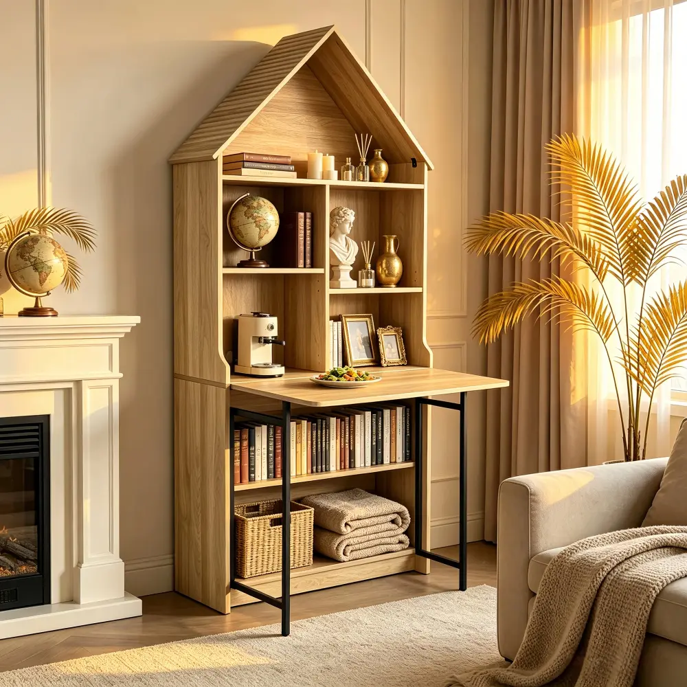 Folding Craft Desk with Storage Shelves, Convertible Foldable Desk to Bookshelf, Space Saving Hideaway Wall Desk, Multifunctional Computer Writing Study Table, Portable Craft Table with Storage Cabinet, Small Space Home Office Vanity Desk Furniture