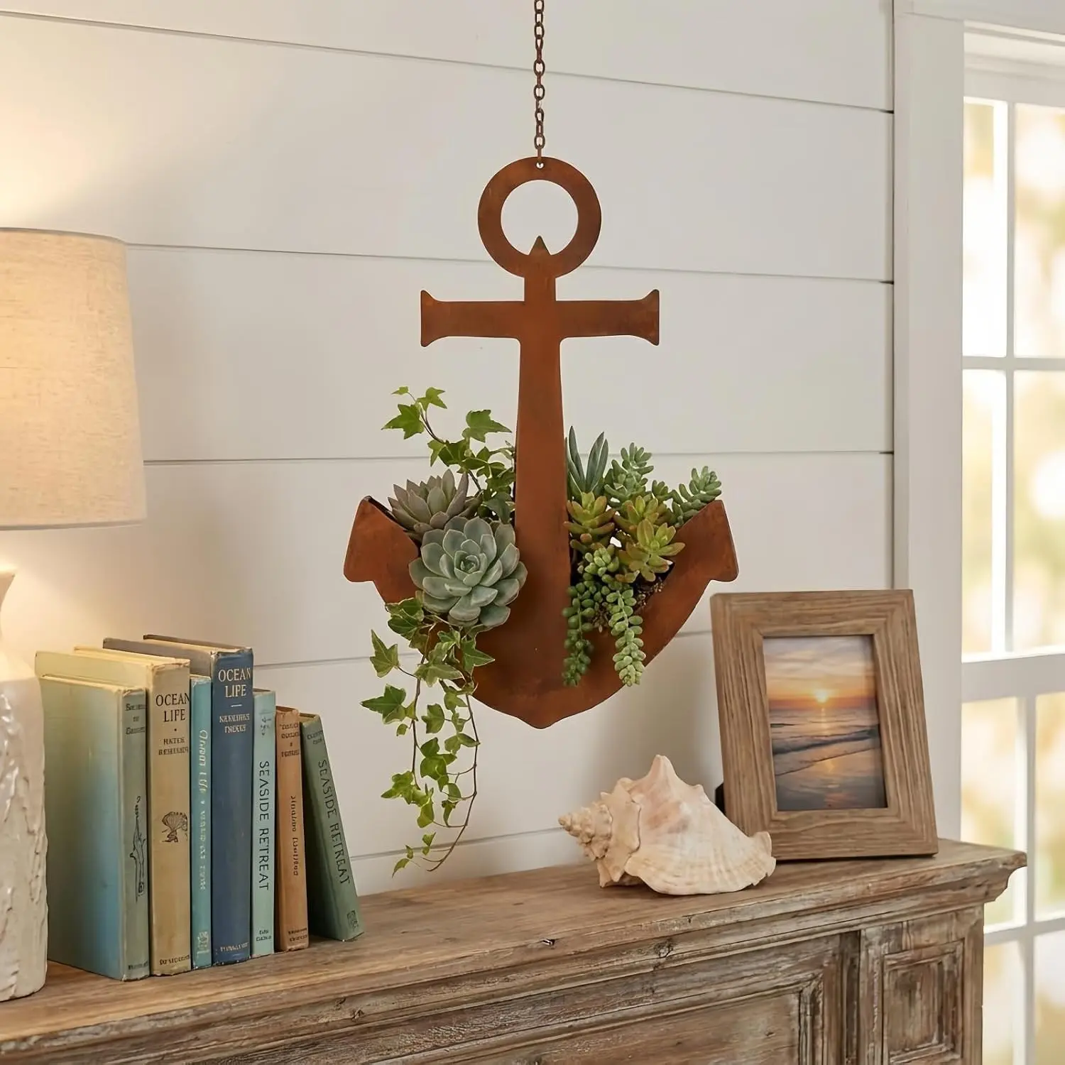 Rustic Metal Ship Anchor Hanging Planter, Vintage Rusted Finish Wall Succulent Holder, Nautical Decor Flower Pot for Patio Balcony Fence Indoor Outdoor