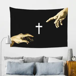 Faith Cross Hands Tapestry 5ft x 3ft 60in x 40in, Black Gold Religious Art Wall Hanging Tapestry for Bedroom Dorm Living Room Prayer Room Church Event Backdrop, Peach Skin Fabric Indoor Outdoor Home Decor Wall Art Gift for Christian Room Decor