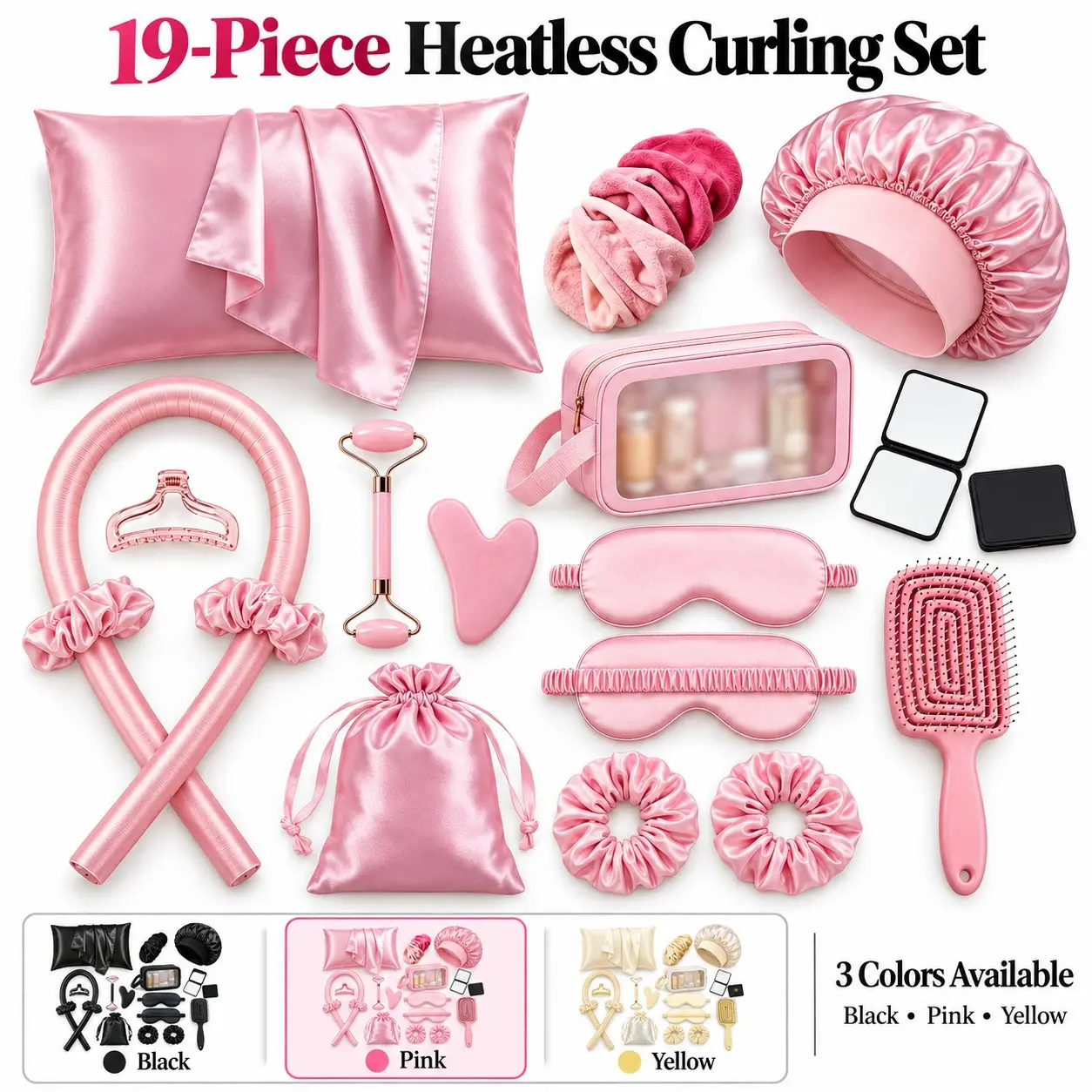 19-Piece Heatless Curling Set, Complete Hair Care & Beauty Kit with No Heat Curler, Sleep Cap, Pillowcase, Eye Mask & Hair Brush, Gentle Overnight Styling for Fine, Thin & Fragile Hair, Home Travel Gift Set for Bridesmaids & Women