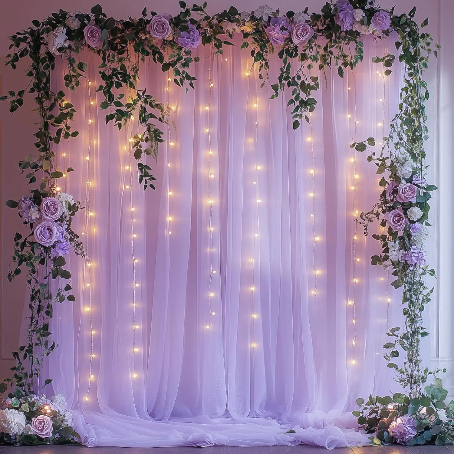 10x8ft Lavender Tulle Backdrop Curtain with String Lights, Wrinkle-Free Sheer Wedding Backdrop for Birthday Parties,  Showers, Bridal Showers, Photo Shoots and  Decorations, Lavender