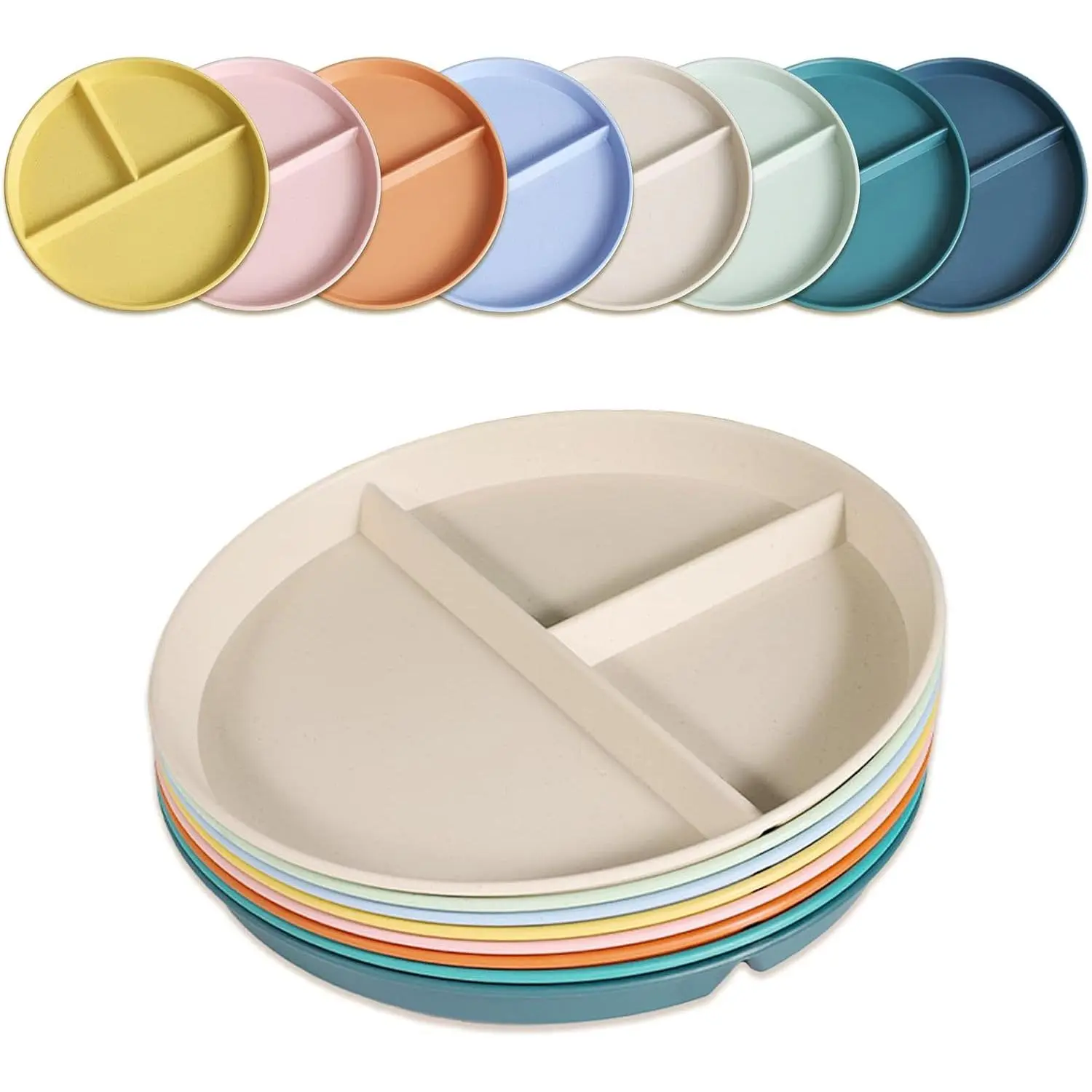 Plates for Adults (8 Packs), Unbreakable Portion Control Plate Sectioned with Dividers, 9 Inch Plastic Food Separator Dinner Plates Lightweight Compartment BPA Free Reusable Microwave Safe