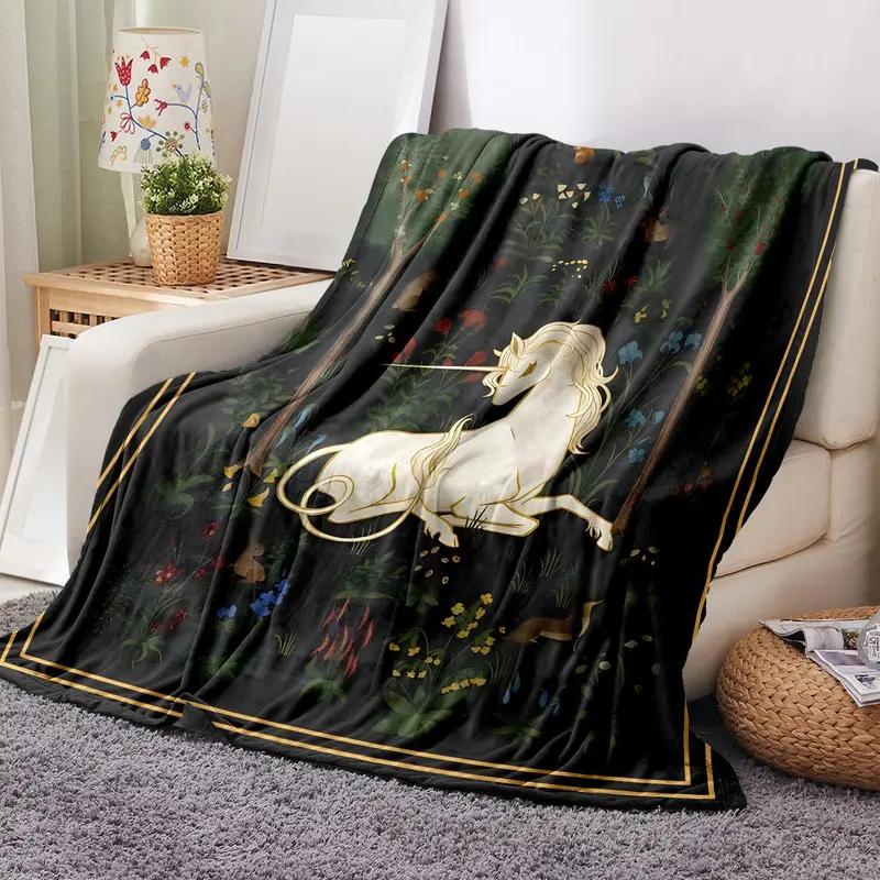 Unicorn Pattern Flannel Blanket, 1 Count - soft, warm throw blanket with storage bag; soft, comfortable blanket; accessory blanket for air‑conditioned rooms; warm nap blanket for home office