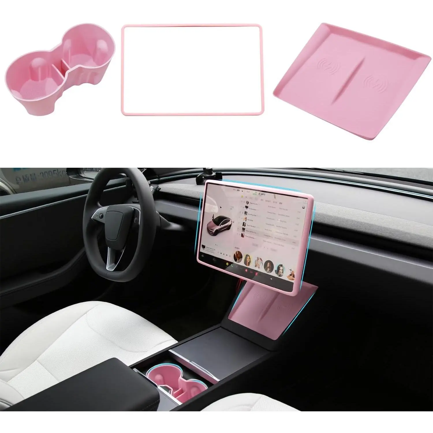 3PCS Center Console Accessories for Tesla New Model Y Juniper 2026 2025 Model 3 Highland 2024 Cup Holder Insert, Screen Edge Protector Frame, Wireless Charger Mat Silicone, Pink