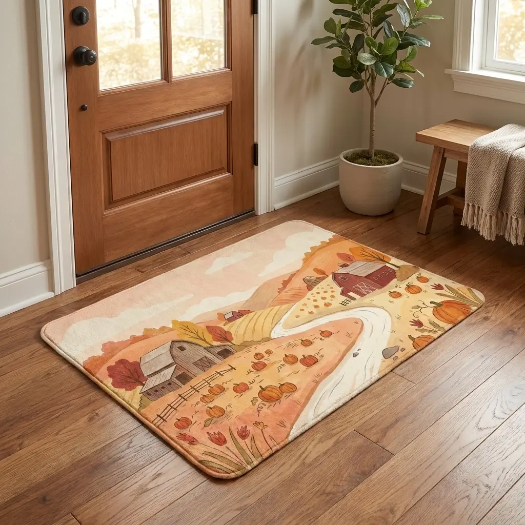 Autumn Harvest Pumpkin Farm Doormat, Vintage Country Barn Truck Fall Decor Rug, Non-Slip Thanksgiving Entryway Floor Mat
