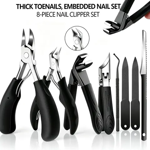 8PCS Professional Stainless Steel Pedicure Kit - Heavy Duty Toenail Clippers for Thick & Ingrown Nails with Angled Blade, Cuticle Tools, Nail File