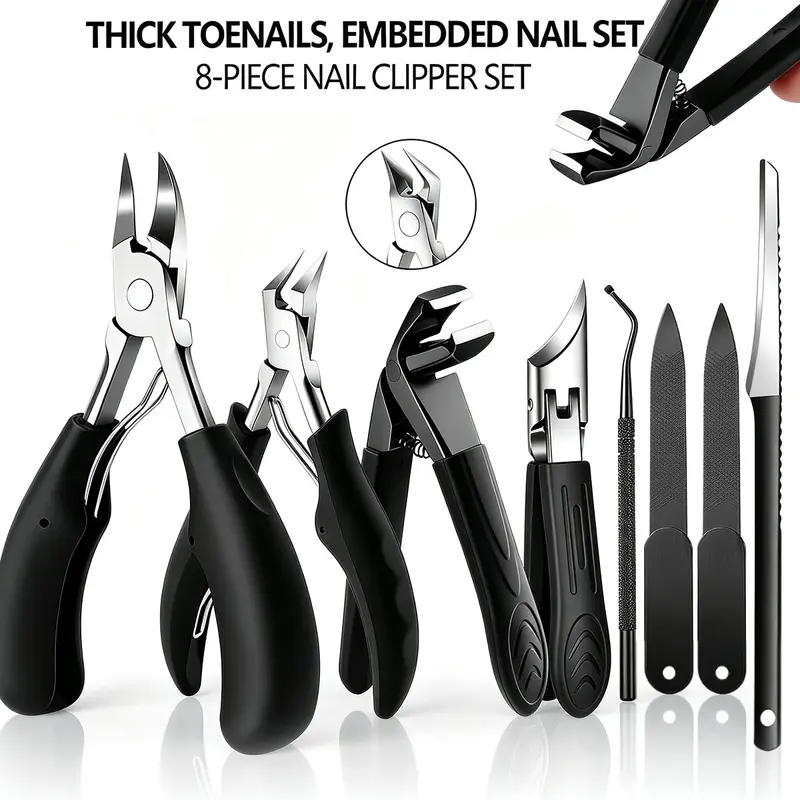 8PCS Professional Stainless Steel Pedicure Kit - Heavy Duty Toenail Clippers for Thick & Ingrown Nails with Angled Blade, Cuticle Tools, Nail File