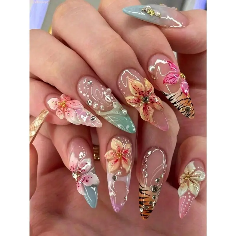24Pcs Long Almond Press On Nails Y2K 3D Flower Tiger Print Rhinestone Fake Nails