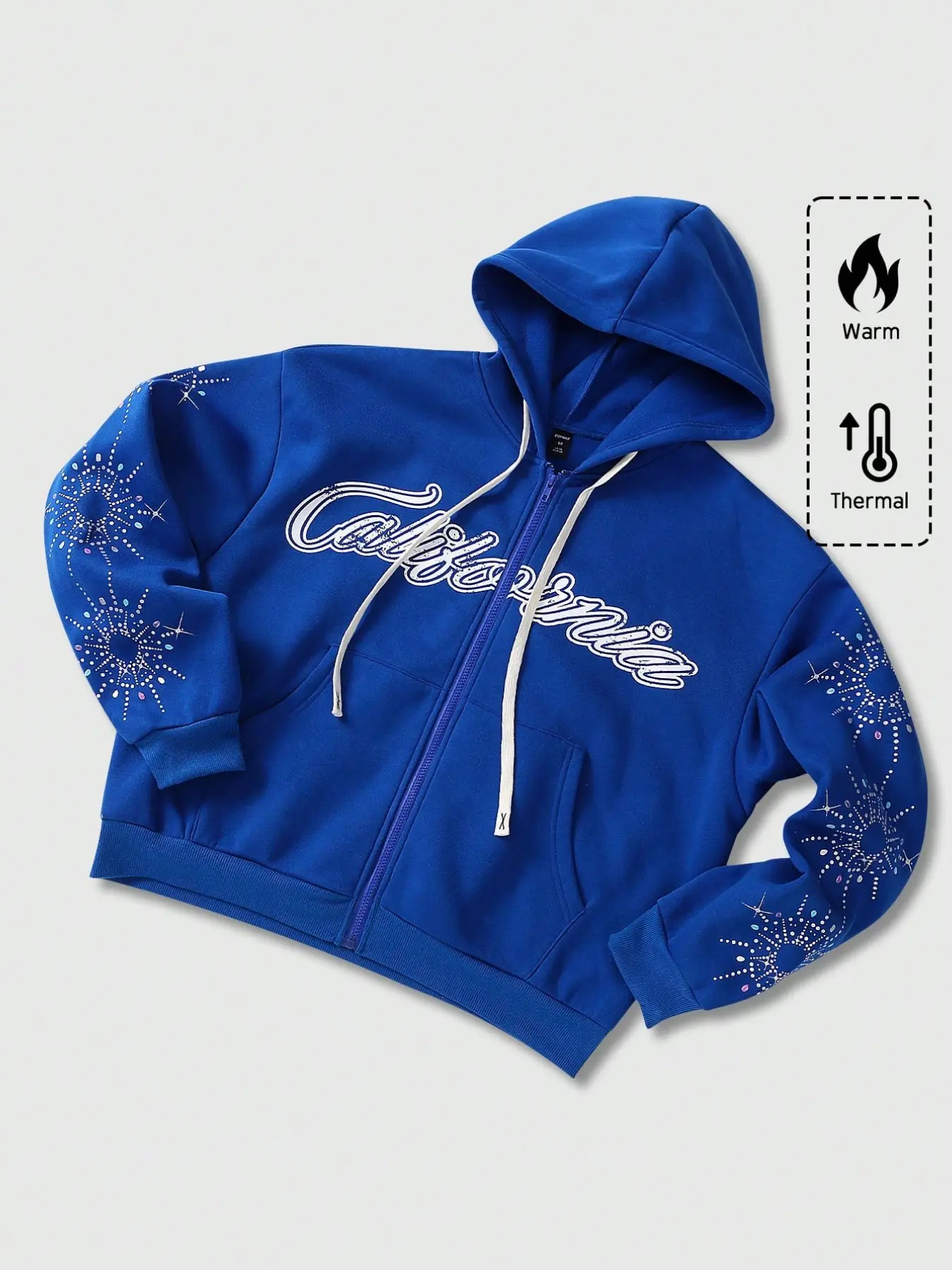 2026 Y2K Men's Royal Blue Zip Up Hoodie Long Sleeve | California Cursive Rhinestone Print, Firework Rhinestone Sleeve | Loose Casual Home & Street Sweatshirt Casual Streetwear Hoodie