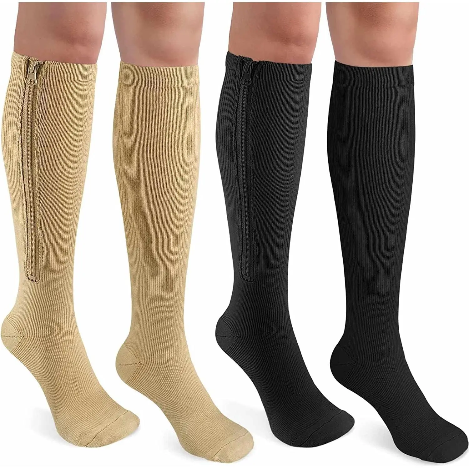 2 Pairs Zipper Compression Socks  Women & Men,15-20 mmHg Closed Toe Knee High Support Sock  Varicose Vein Edema New model