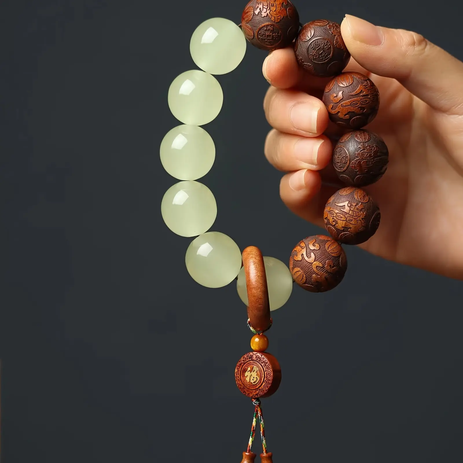 Men's Retro Handcrafted Sandalwood & Pear Wood Carved Luminous Beads String with Fortune Words - Meditation Prayer Beads, Spiritual Gift, Fashion Costume Jewelry Bracelet Accessory