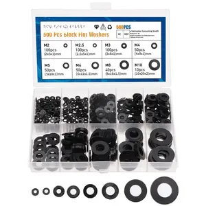 500 count Nylon Flat Washer  Set, Washers Metric Sealing Spacer Gasket Ring Washers Set, 8 Sizes - M2, M2.5, M3, M4, M5, M6, M8, M10 (Black)