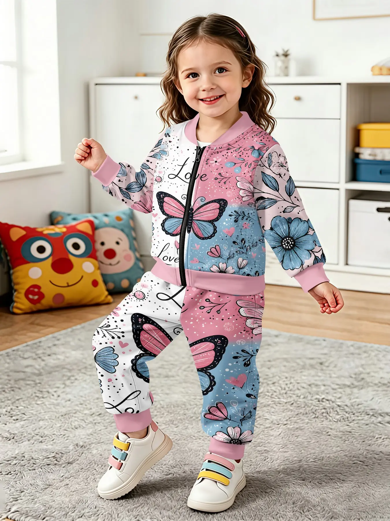 2-Piece Set, Zipper Jacket and Pants, Blue Butterfly Floral Print, Casual Kids', Perfect Gift for Daily & Outdoor Activities