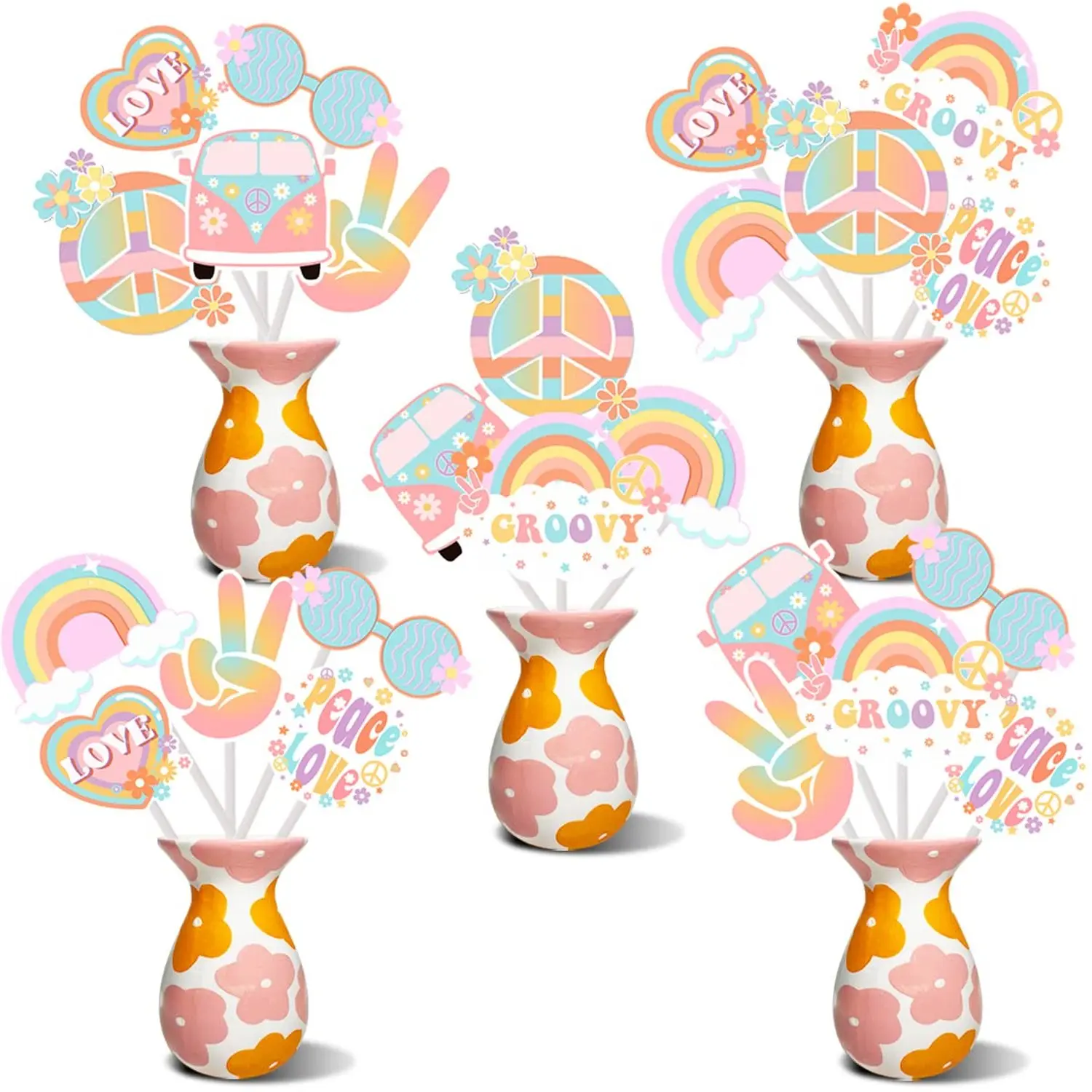 24-Piece Colorful Funky Well-Designed Bohemian Groovy Centerpiece Sticks, Rainbow Hippie Ornaments, Girls' Birthday Party Decorations, Festive Table Toppers & Photo Props