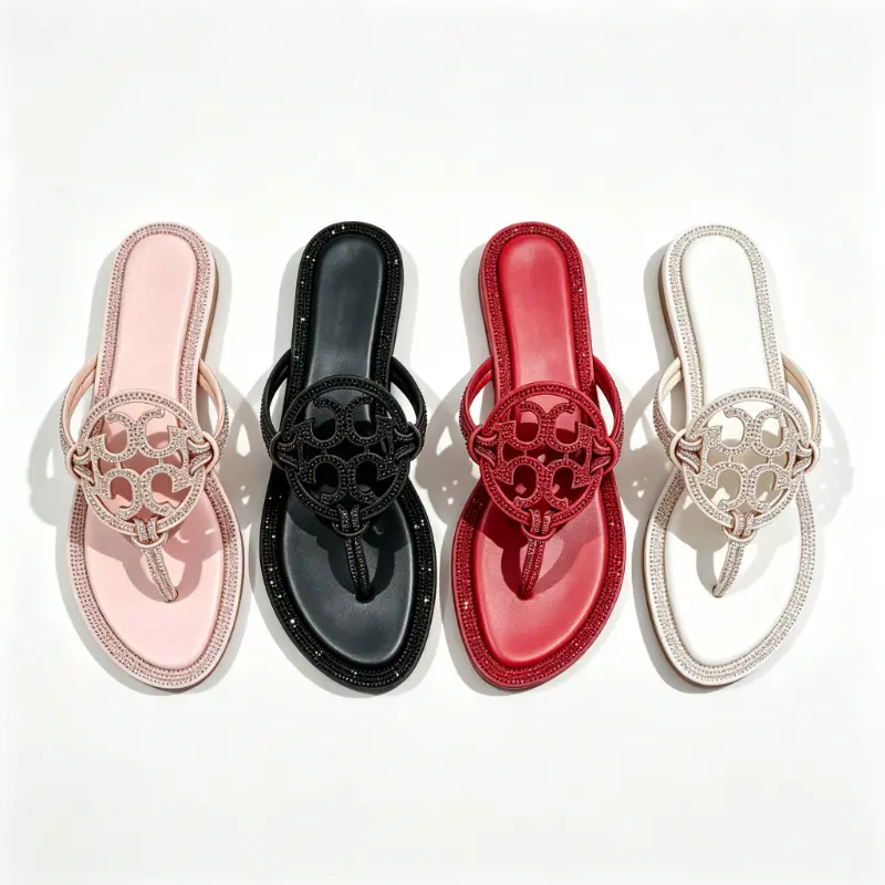 Women Bling Rhinestone Thong Sandals Multiple Colors Hollow CutOut Decor Flat Flip Flops Soft Insole Summer Beach Travel Walking Shoes