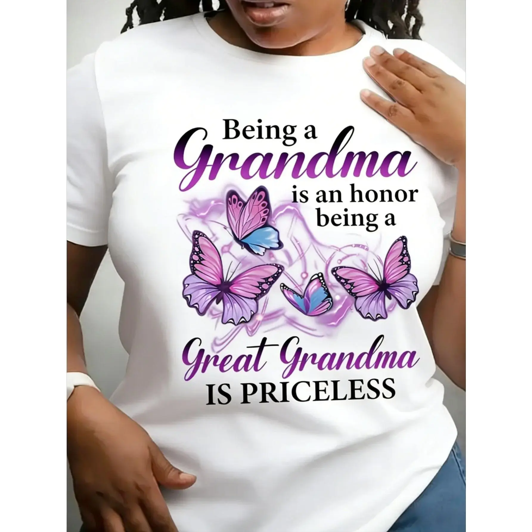 "Being a Grandma Is Priceless" T-Shirt - Purple & Pink Butterfly Print Short Sleeve Crew Neck Top, Elastane Stretch Fit Suitable for Grandparents Day Gift, Casual for Grandma & Grandfather Gifts funny graphic girlfriend summer athletic style t-shirt