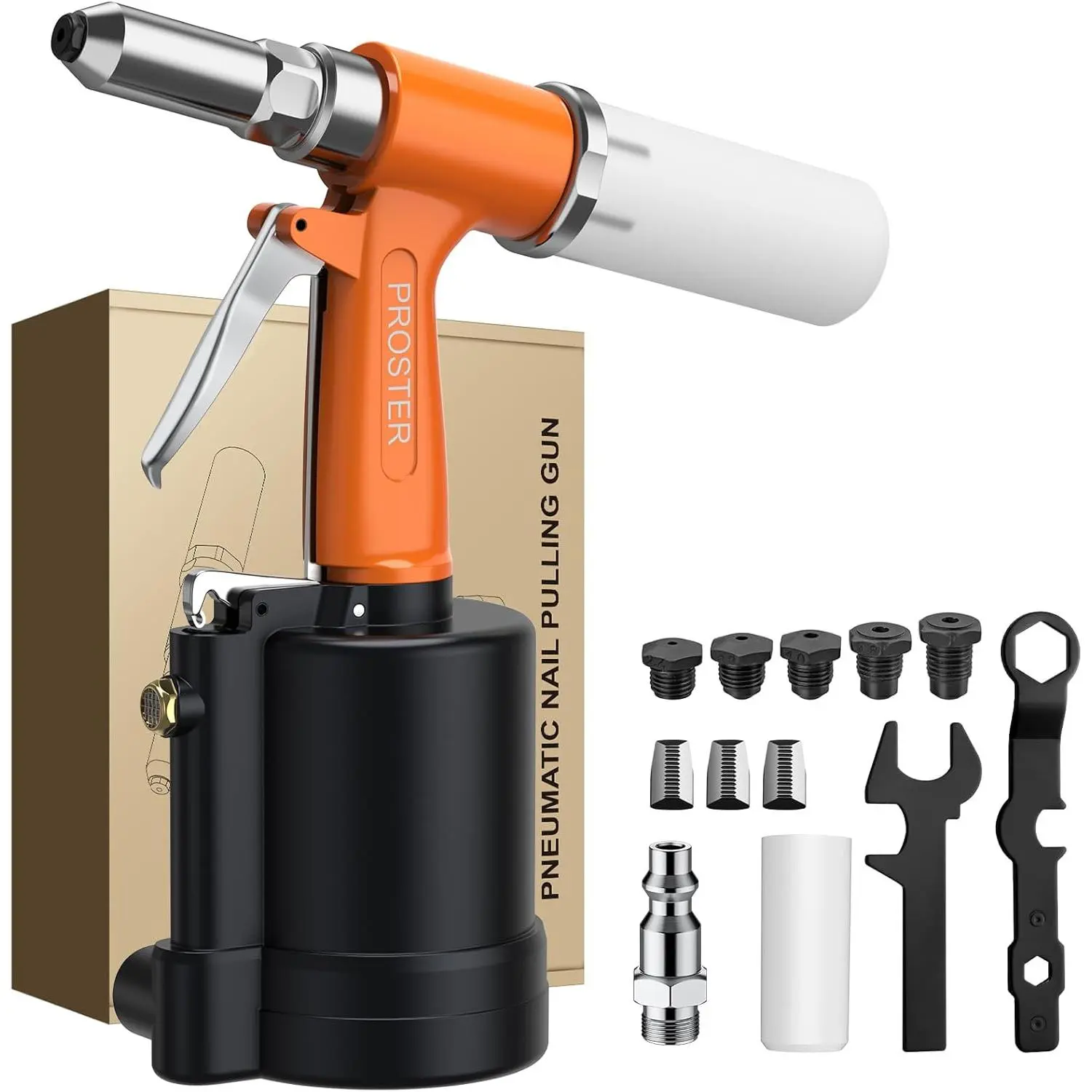 Proster Pneumatic Riveter - Heavy-Duty Air Pop Rivet Gun with 5 Nozzles, Extra Jaws, 3924LBF Pulling Force, 3/32"-1/4" Inches Capacity, Steel & Iron Compatibility for Home & Auto Repair Use