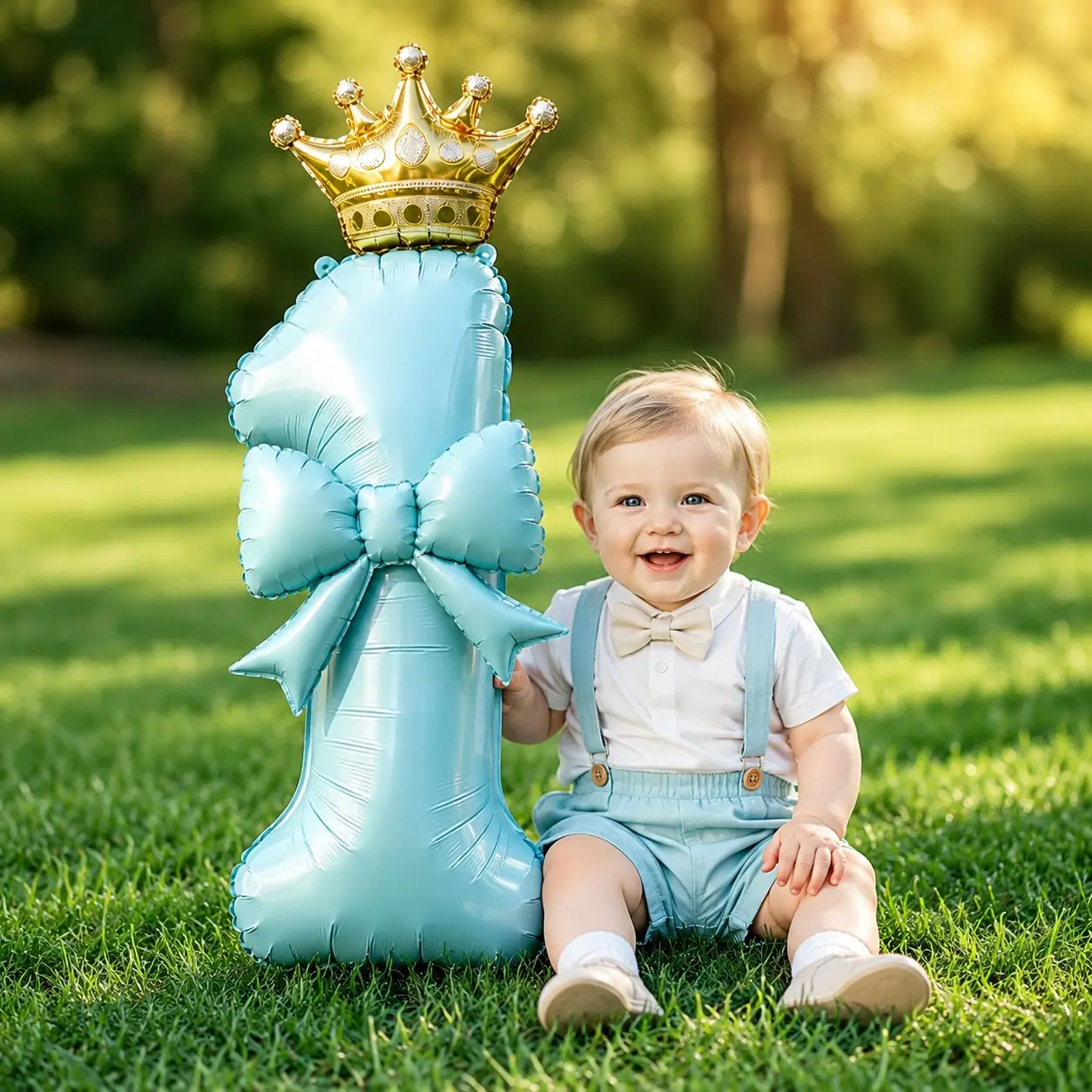 0-9 Full Set Number Foil Balloons, Detachable Bow & Crown for DIY Matching, Little Prince Themed Balloon Decoration for Baby Boy 1st Birthday & Milestone Party, Free Inflator Pump Included