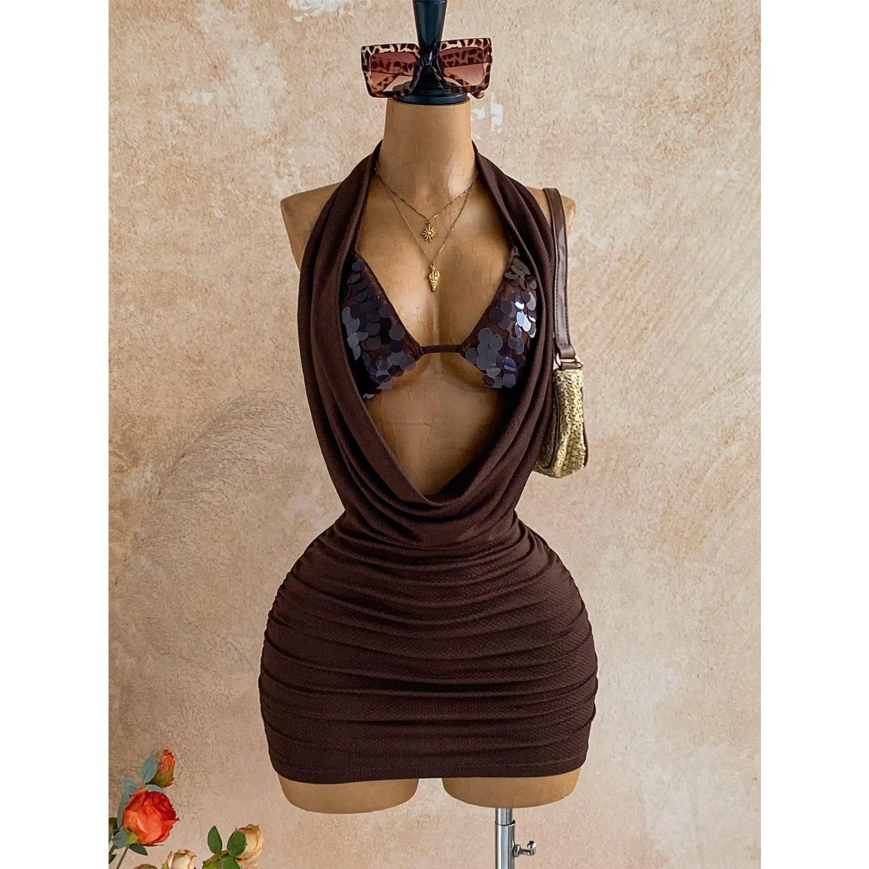 Women's Party Dress Solid Color Halter Neck Ruched Draped Hollow Out Sleeveless Going Out Mini Dress