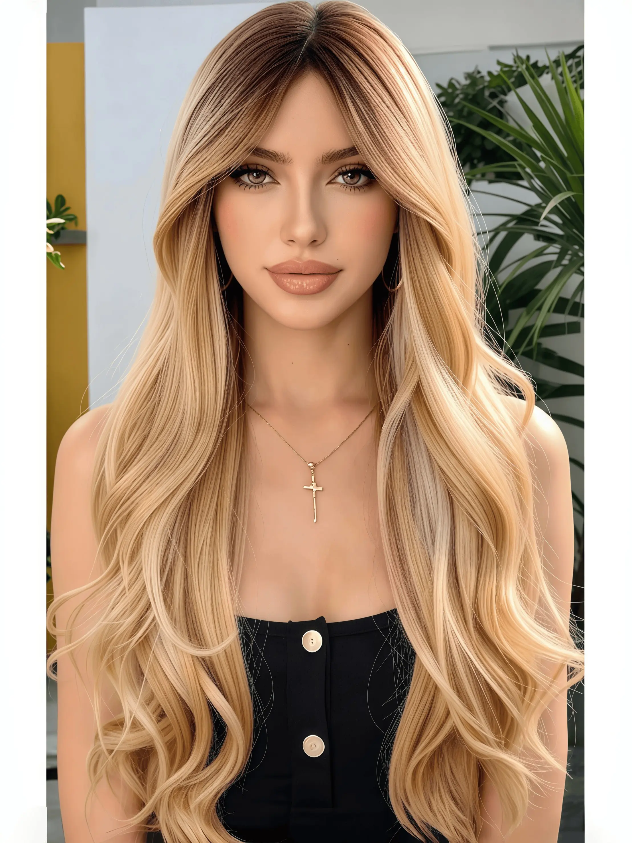 Long Wavy Blonde Wig for Women with Middle-part Bangs, Ombre Blonde Synthetic Wig with Natural Dark Roots, High-temperature Resistant Hair Fibers, 28-inch Curly Hair Replacement Wig, Suitable for Daily Wear, Parties and Cosplay
