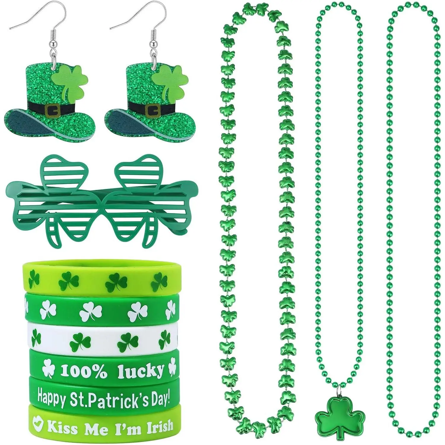 St Patricks Day Accessory Set – Earrings Necklace Bracelet Glasses, Irish Party Favor Makeup Kit for Women