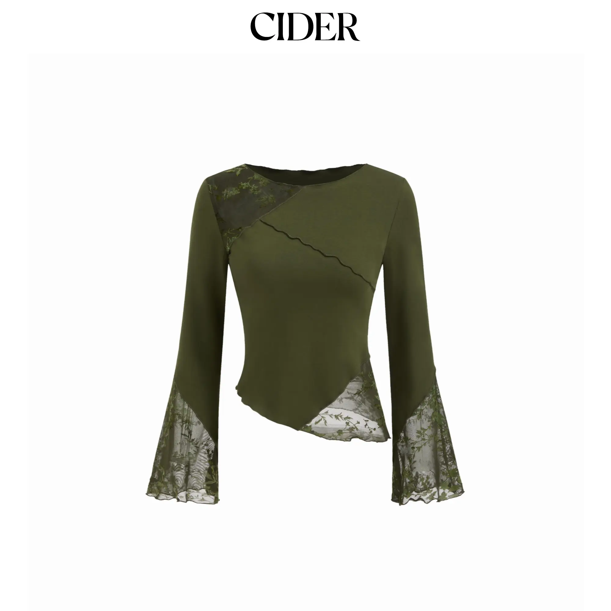 Cider Cotton-blend Boat Neck Patched Asymmetrical Hem Long Sleeve Top SummerFinds