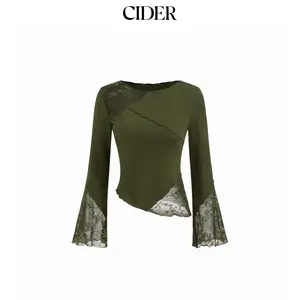 Cider Cotton-blend Boat Neck Patched Asymmetrical Hem Long Sleeve Top SummerFinds