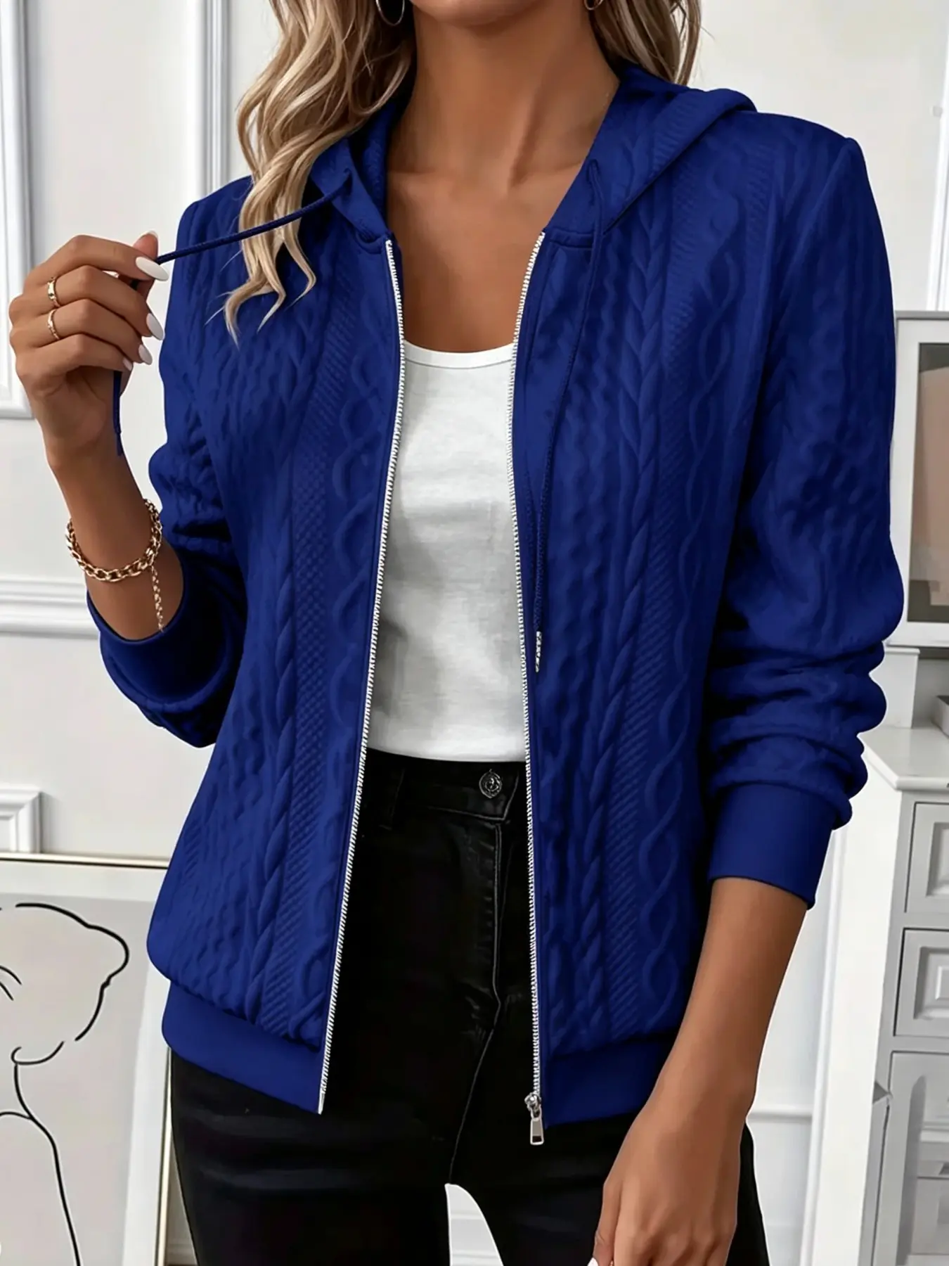 Five-Color Casual Commuter Braided Texture Zipper Hooded Jacket, Layering Warm Open Front Sweater Top, Perfect for Walking and Shopping