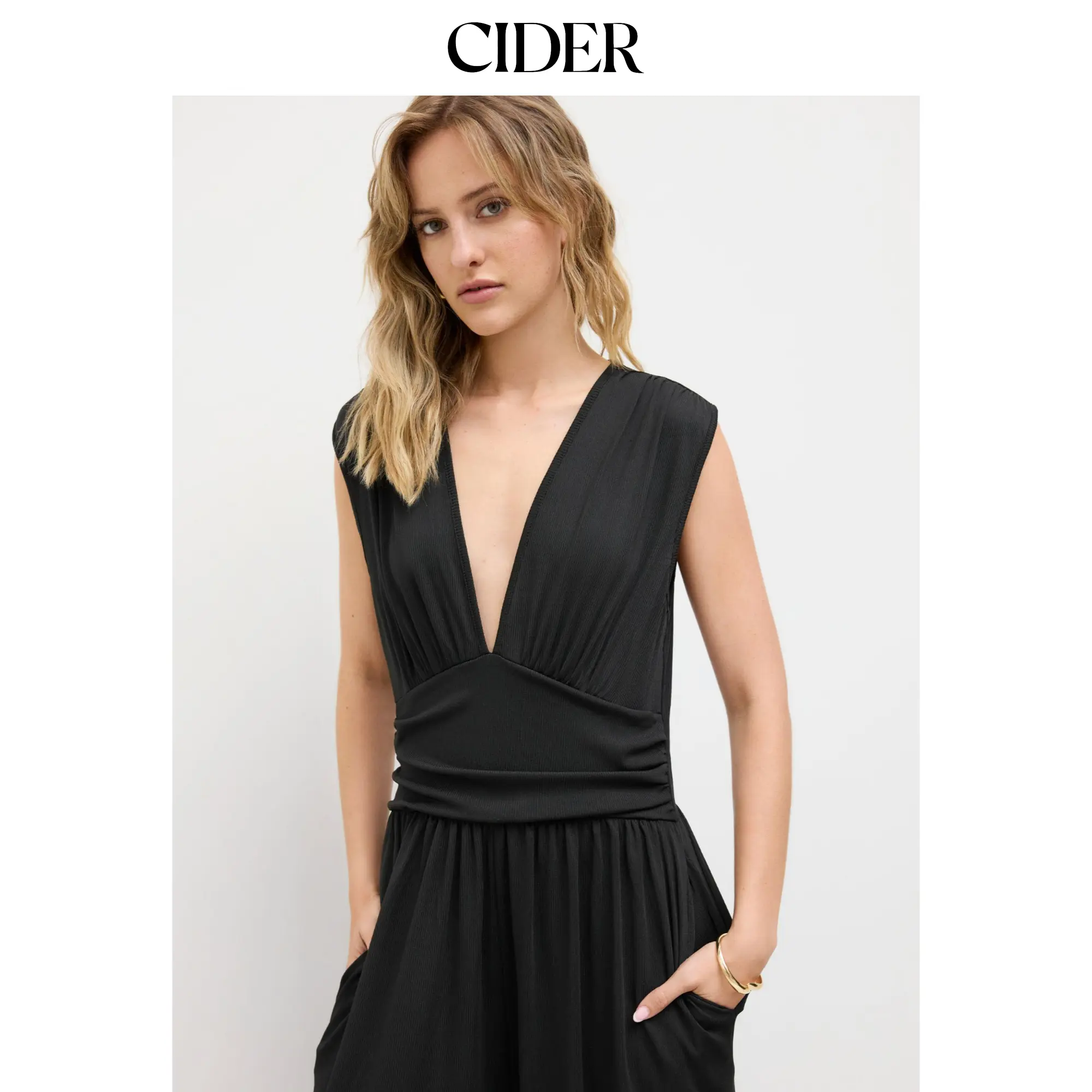 Women's Minimalist Sleeveless V-neck Ruched Solid Wide Leg Jumpsuit  SohoChic
