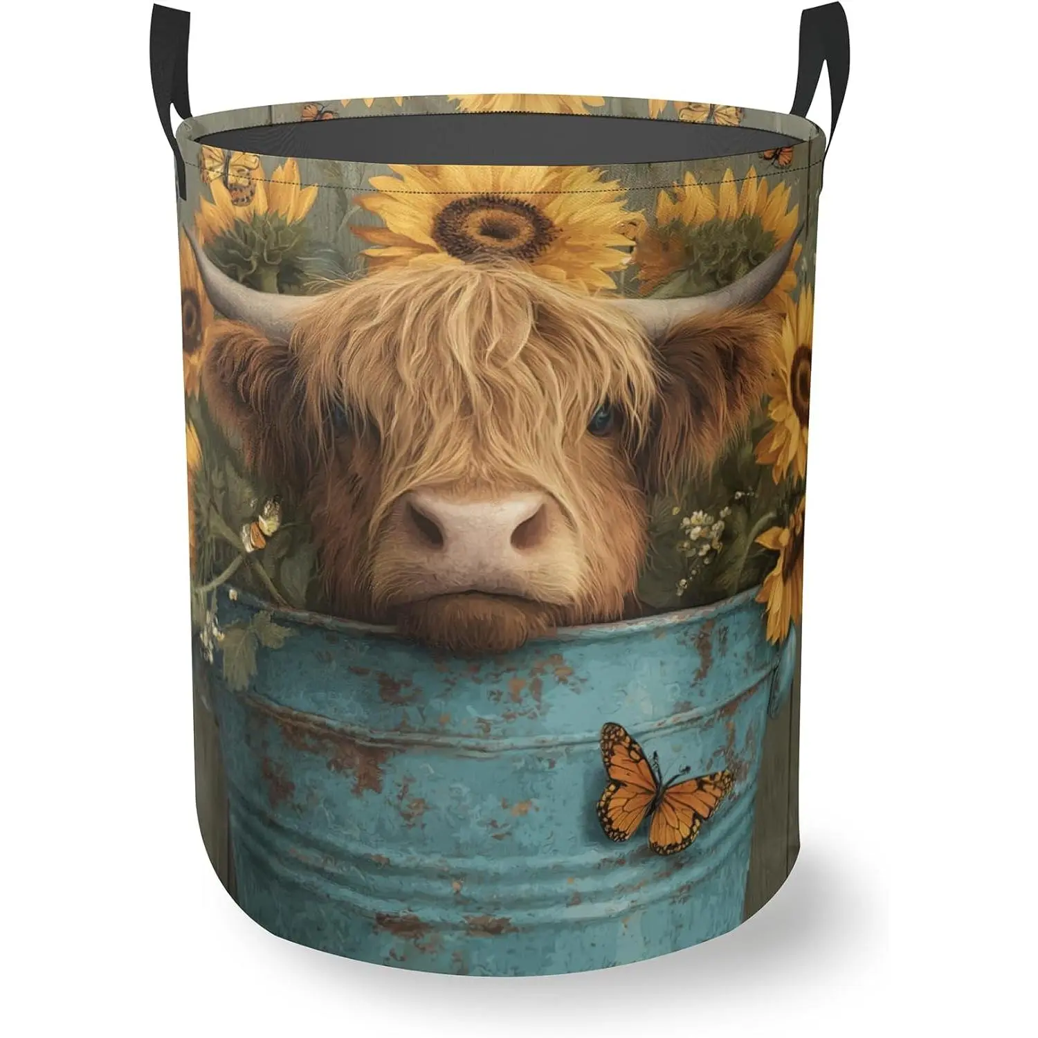 Laundry Hamper Foldable Oxford Cloth Flower Cute Highland Cow Laundry Basket With Handle Portable Clothes Storage Organizer Basket Storage Bag For Laundry Room/Bedroom/Bathroom