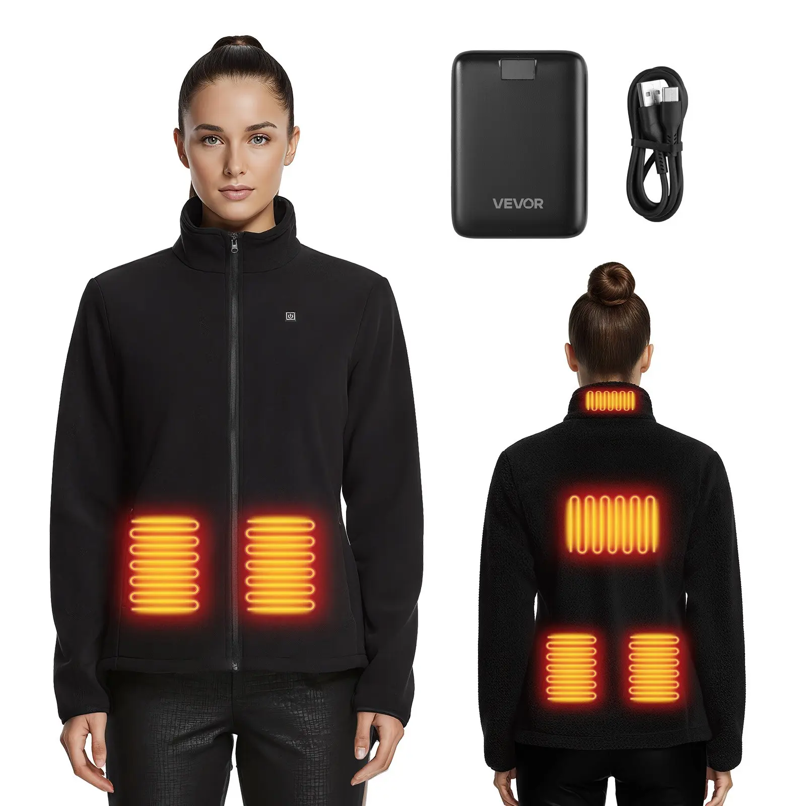 VEVOR Women's Heated Warm Sweatshirt, 7.4V 16000mAh Rechargeable Pack, 6 Heating Zones, 3 Temp Levels, 3h/6h/10h Warmth, for Winter Outdoor Camping, Black, XXXL, Xxxl Size