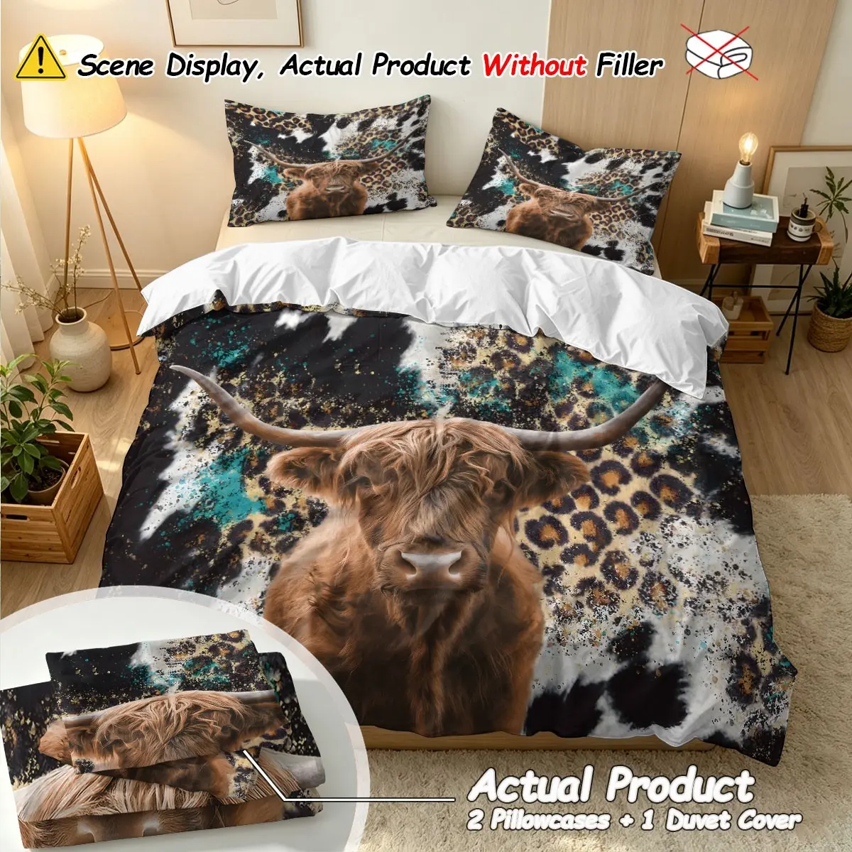 3-Piece Printed Bedding Set, Vintage Highland Cow Print Duvet Cover & Pillowcases, Soft Comfortable, All-Room Use, Seasonal Decor, Gift Idea