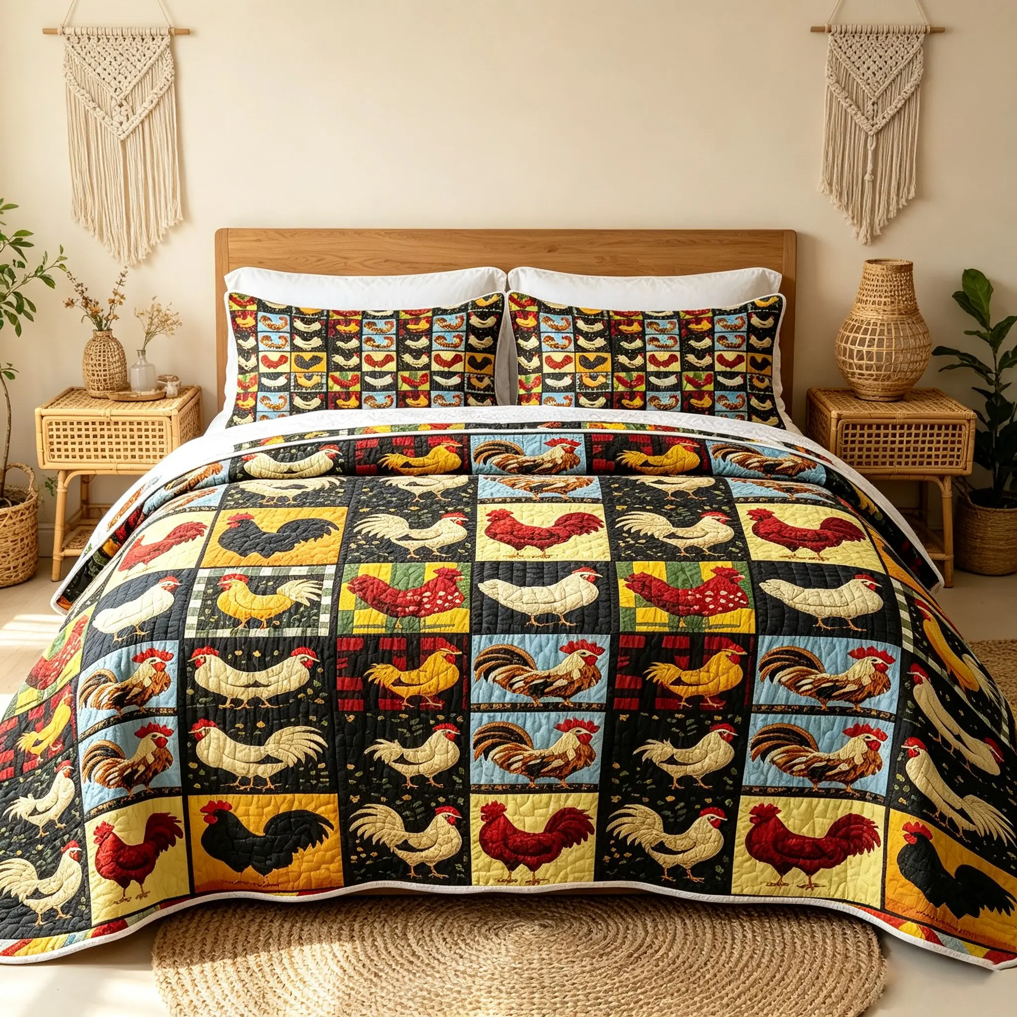 3pcs Chicken Patchwork Quilt Set, Reversible Farm Animal Patch Quilt Bedspread, Lightweight Microfiber Bed Coverlet Set, Country Rustic Hen Rooster Print Bedding Set with Pillow Shams, No Comforter Filling for All‑Season Use
