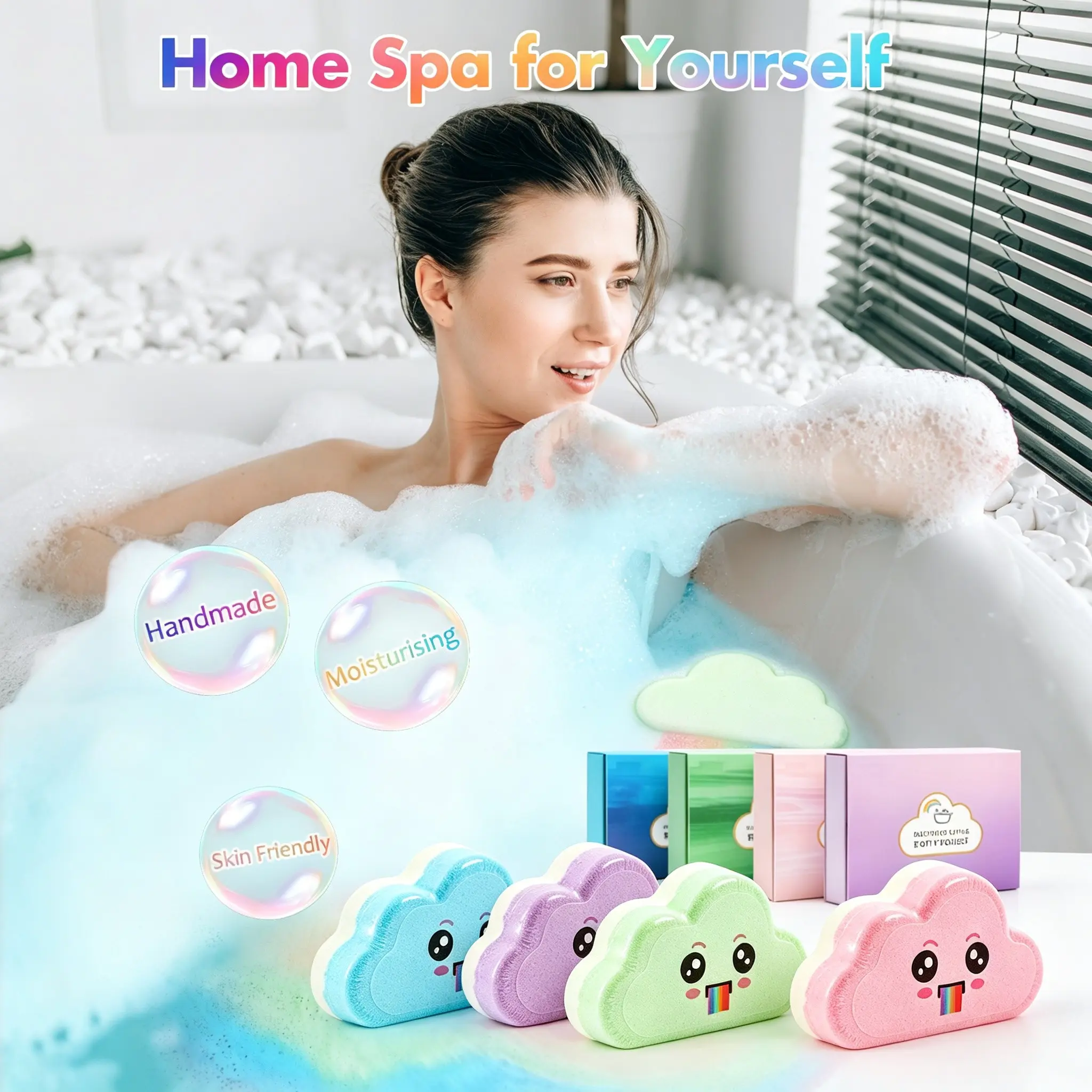 Cute Cloud Rainbow Bath Bomb Gift Set, 4 Fragrances, Handmade Natural Bath Bombs with Essential Oils and Sea Salt, Kids' Gifts for Christmas, Birthday, Valentine's Day, Mother's Day