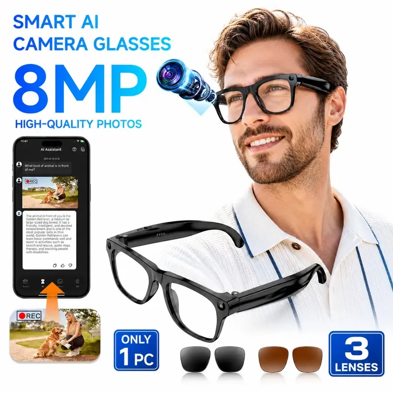 Smart Camera Glasses with AI Visual Recognition, 8MP Camera, Open-Ear Music and Calls, 9H Battery Life and 3 Interchangeable Lenses