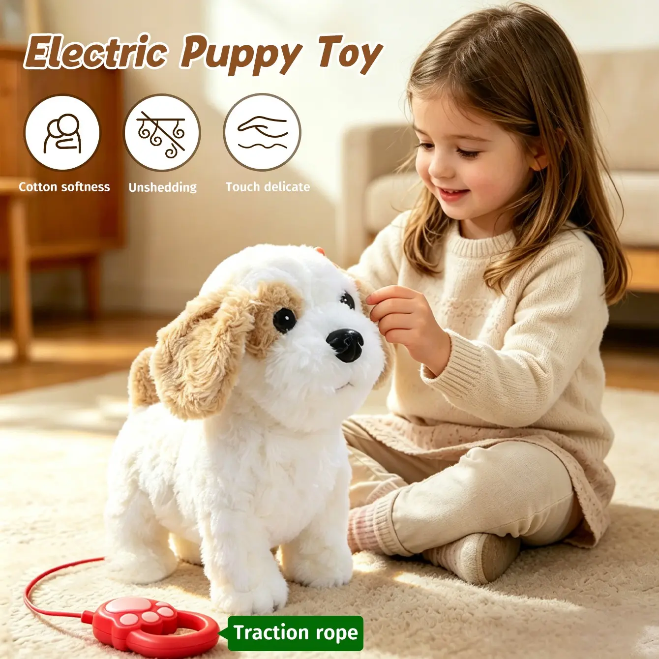 1 piece of musical plush toy dog with realistic features, interactive leash for fun interaction, petting, walking and making sounds. Children's toy gift. No batteries included.