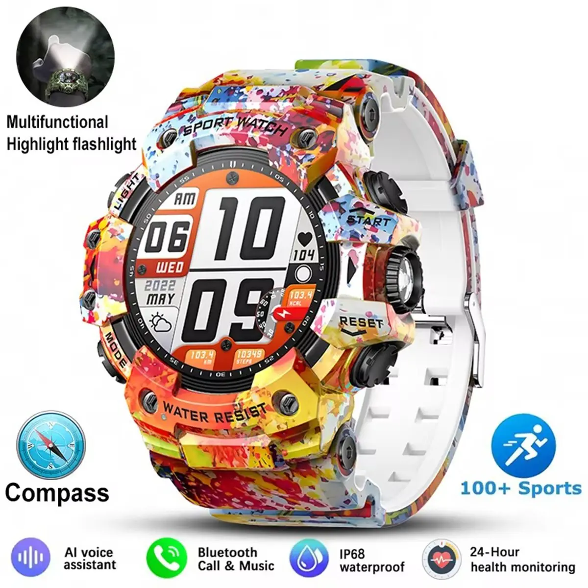 Outdoor Sports Smart Watch Men Women With LED Flashlight Compass SOS Fitness Monitor BT Calls IP68 Waterproof Smartwatch Bluetooth
