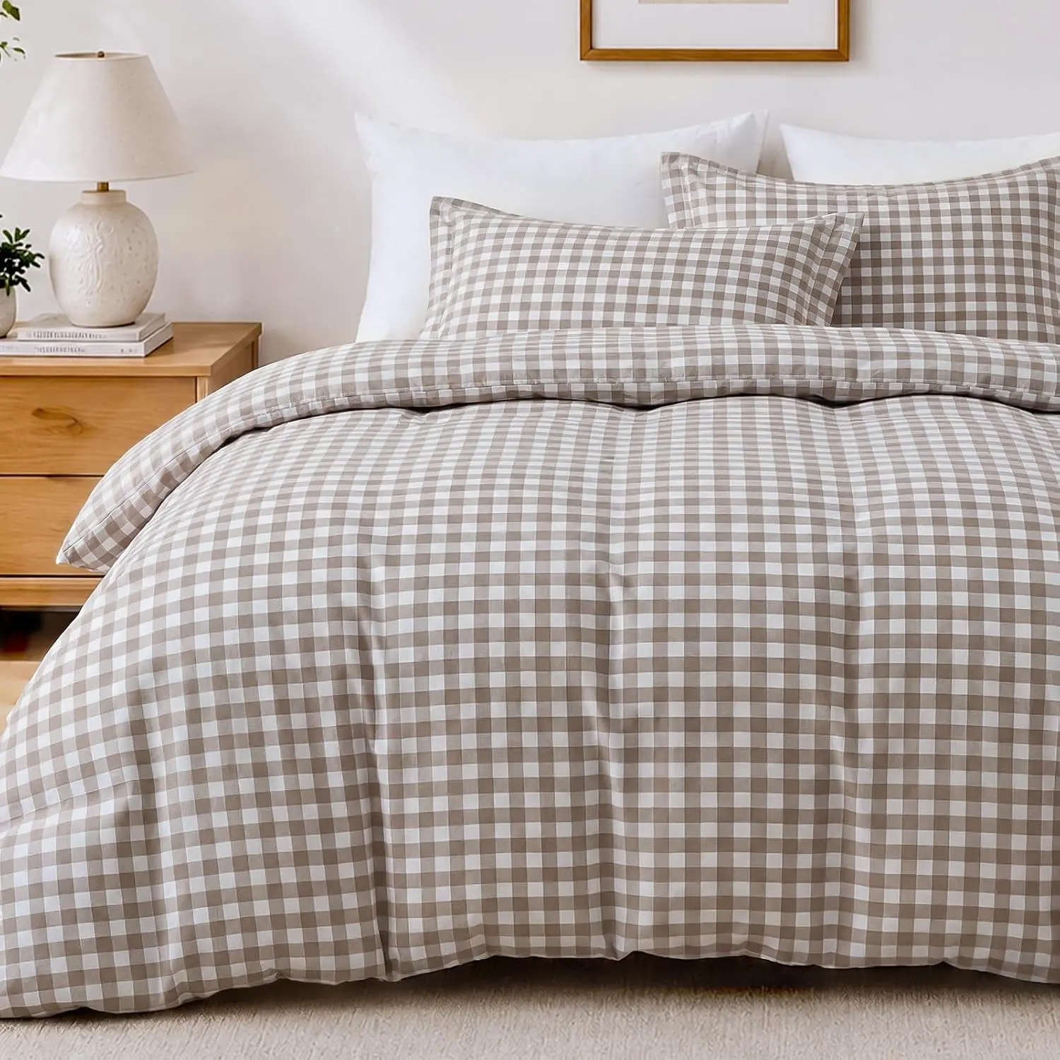 Queen Size Brown Gingham Duvet Cover Set, Ultra-Soft Brushed Microfiber Tan Plaid Bedding, Oeko-TEX Certified, Breathable (90"x90", No Comforter)
