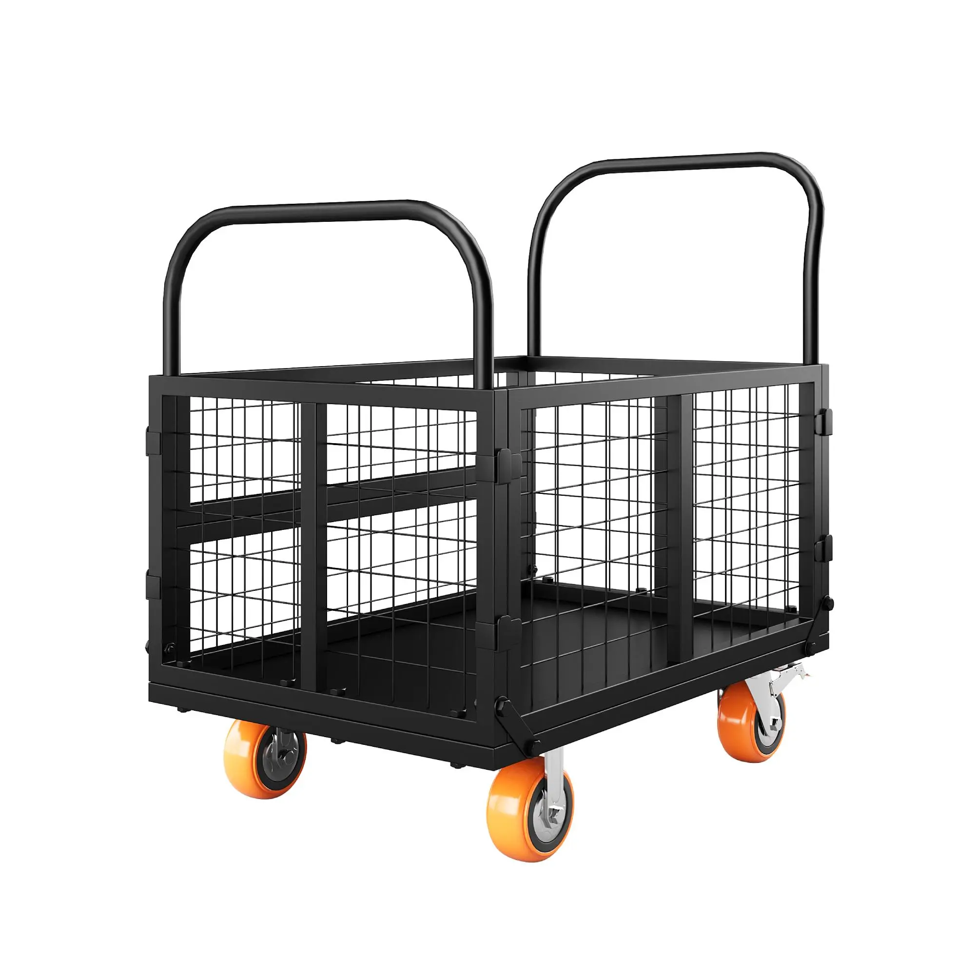 4in1 Foldable Platform Truck Cart with Cage Platform Truck,1800lbs Heavy Duty Push Cart Dolly Capacity Flatbed Hand Truck Dolly Cart Multipurpose for Grocery, Laundry, Garage, Warehouse