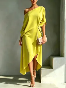 Elegant Simple One-Shoulder Asymmetrical Midi Dress, Slim Fit Evening Gown, Chic Casual Wear, Perfect for Special Occasions