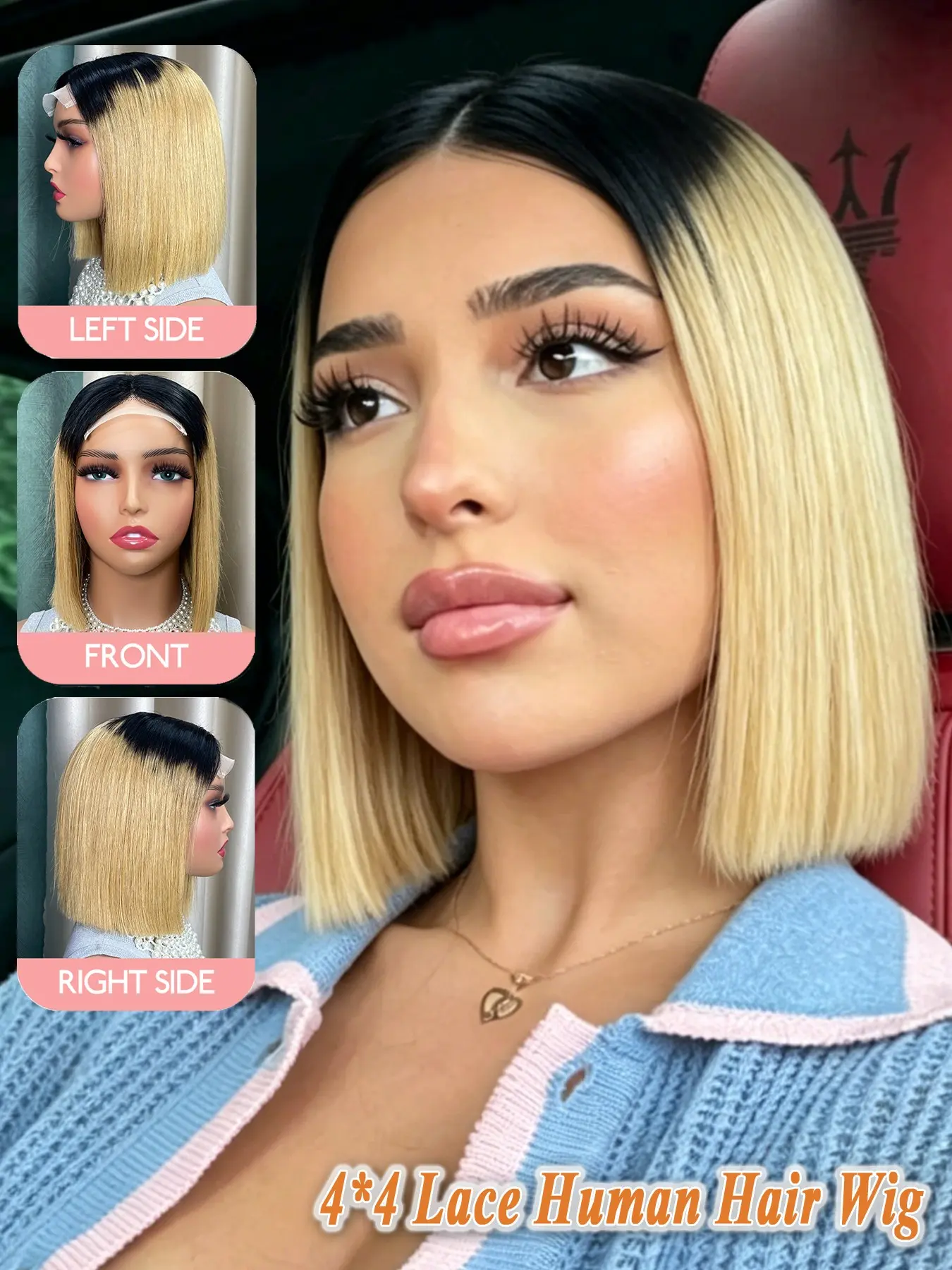 10 Inch Human Hair Straight Bob Wig, Fashion Color with a Classic Blunt Cut, 4x4 Lace Closure and Natural Middle Part, Silky Smooth Texture, Lightweight Design for Comfortable Wear by Women
