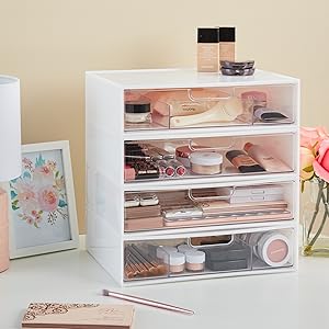 12.5” Wide Clear Stackable Open & Divided Storage Drawers, 2 Pack Plastic Organizer Bins for Makeup Palettes, Cosmetics, & Beauty Supplies, Vanity, Bathroom, Desk Organization, Made in USA Boxes