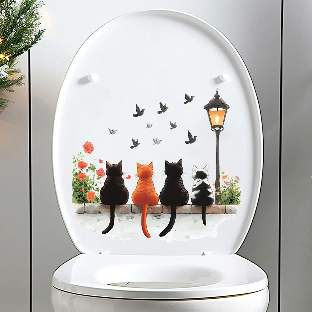 1 Piece Cute Four Cats Street Lamp Floral Toilet Seat Sticker, Waterproof PVC Bathroom Wall Decal, Vintage Cartoon Animal Decor Sticker for Toilet Tank & Lid Home Washroom Decoration